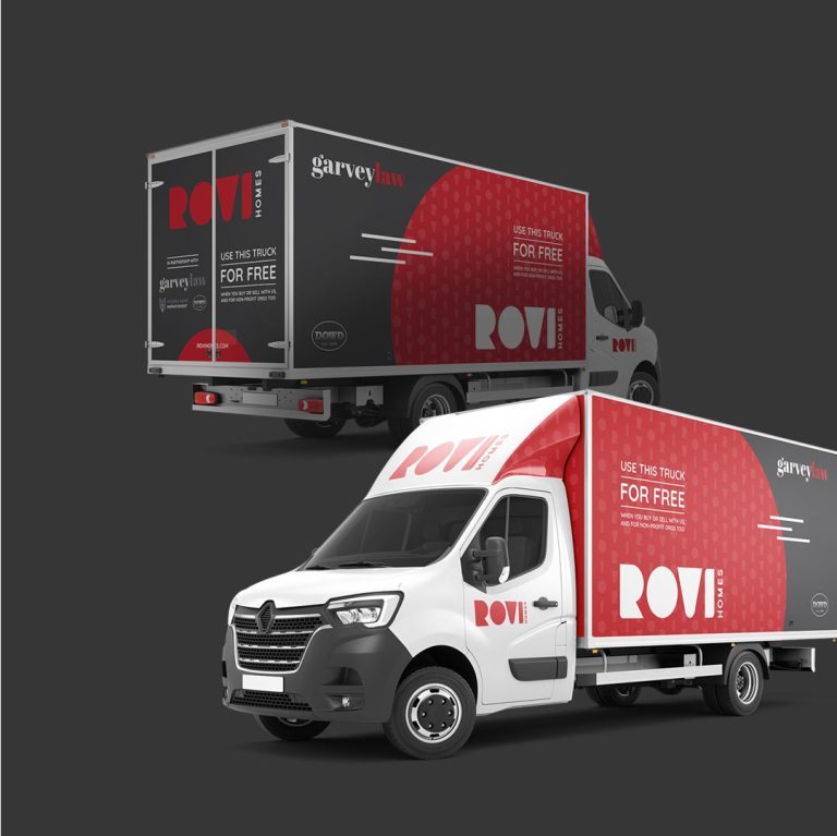 truck wrap design featuring rovi homes logo by dif design