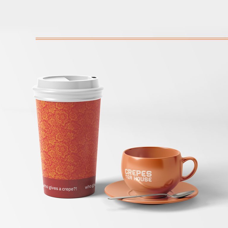 crepes tea house logo design by dif design featuring slavic floral pattern coffee cup and color coded tea cup