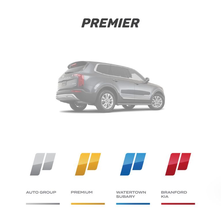 four icons and colors of the brand for premier auto group logo design by dif design